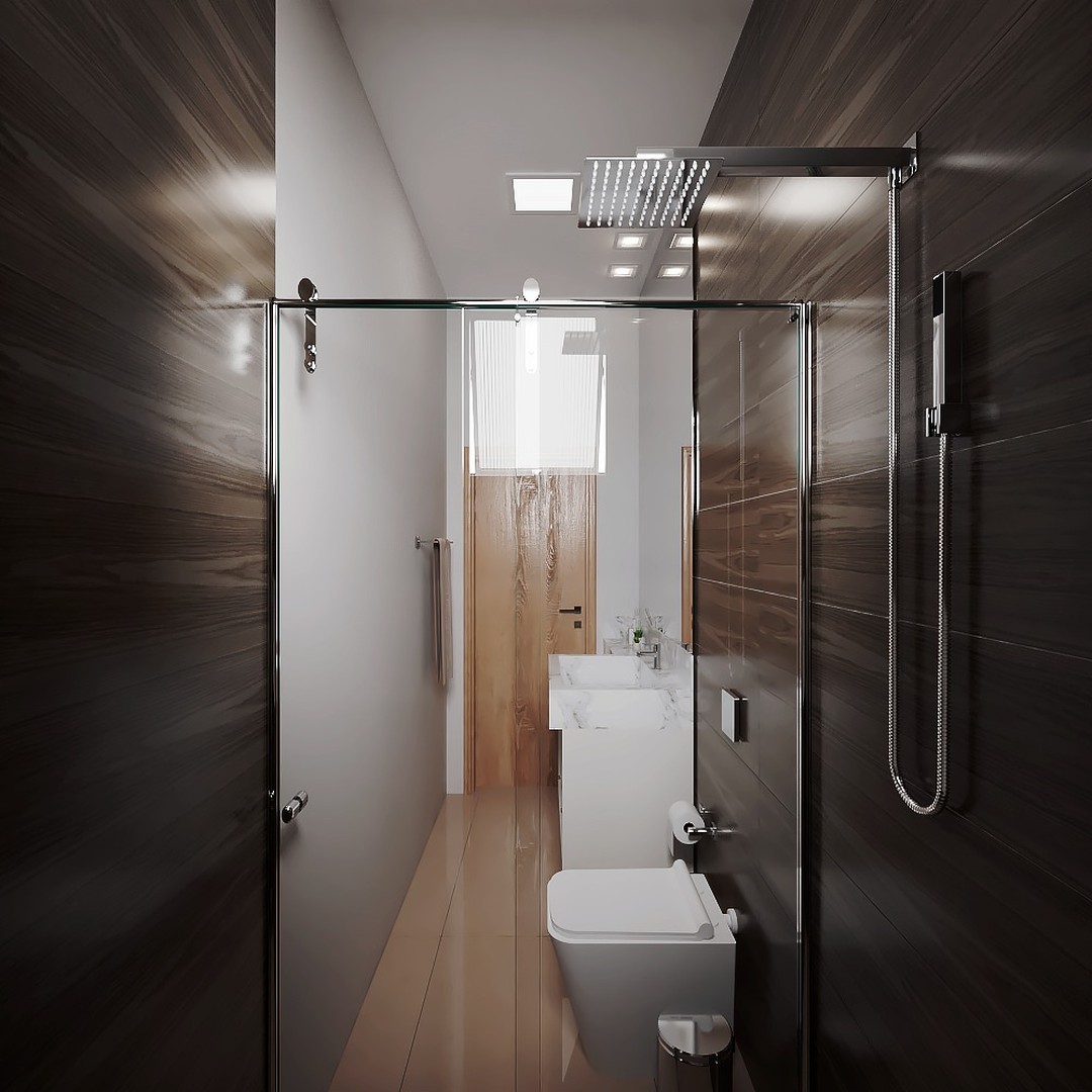 Renderização 3D de interiores — banheiro com box em vidro e revestimento amadeirado