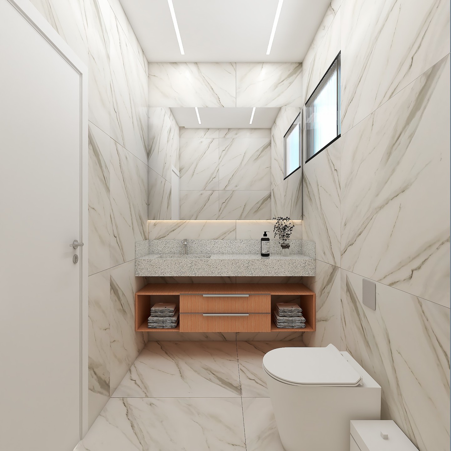 Renderização 3D de interiores — lavabo revestido em mármore branco com marcenaria em madeira