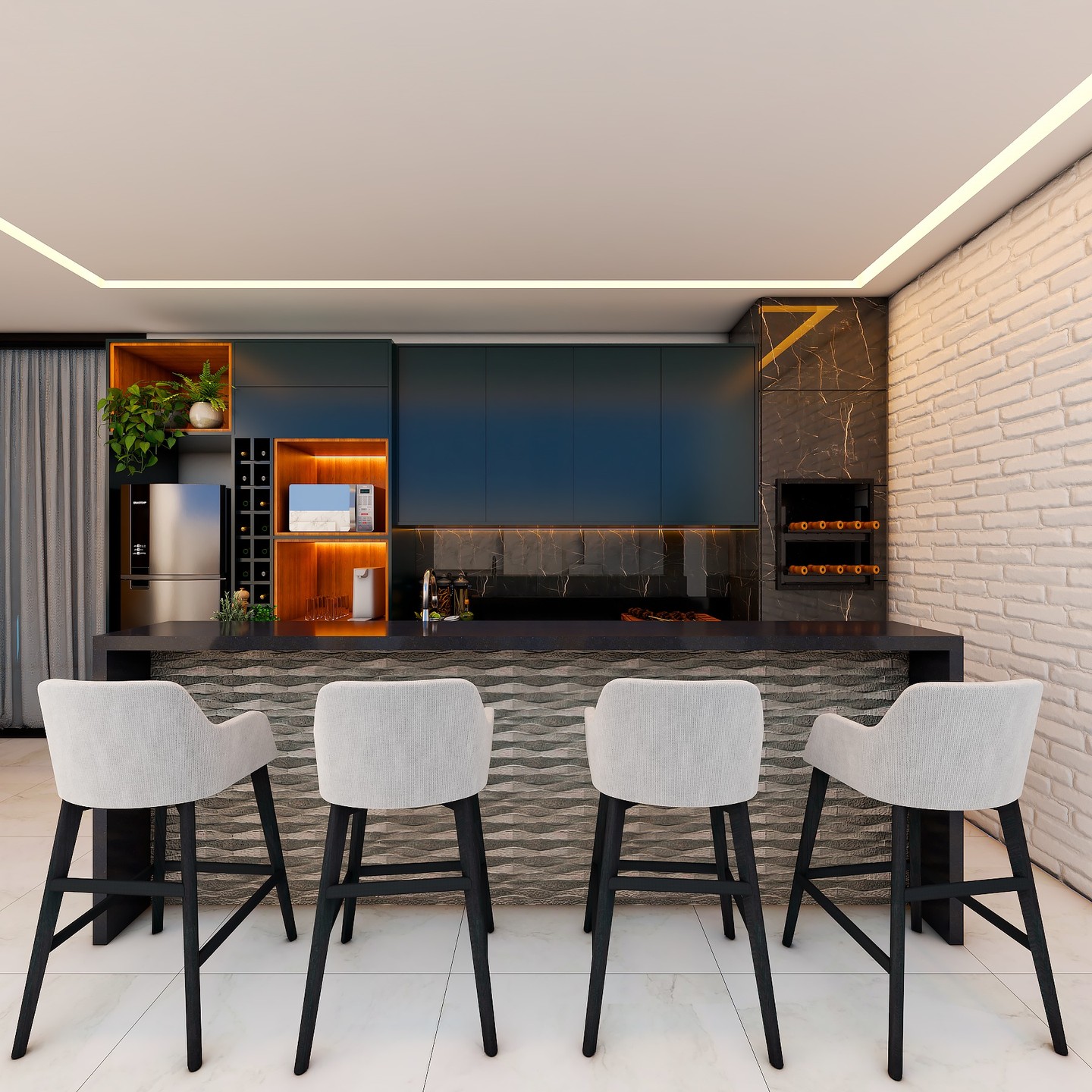 Renderização 3D de interiores — cozinha americana com bancada em granito preto e marcenaria azul-petróleo