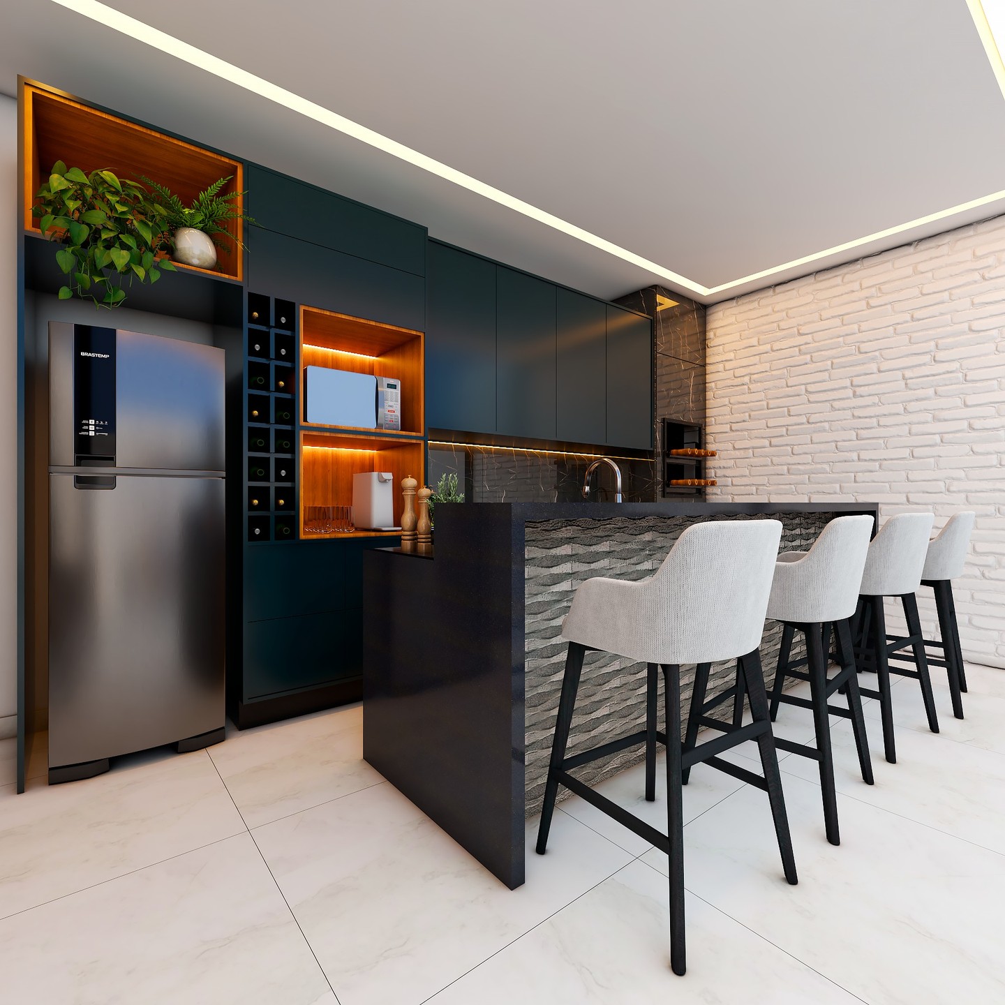 Renderização 3D de interiores — cozinha americana com adega, nichos iluminados e revestimento em tijolo aparente
