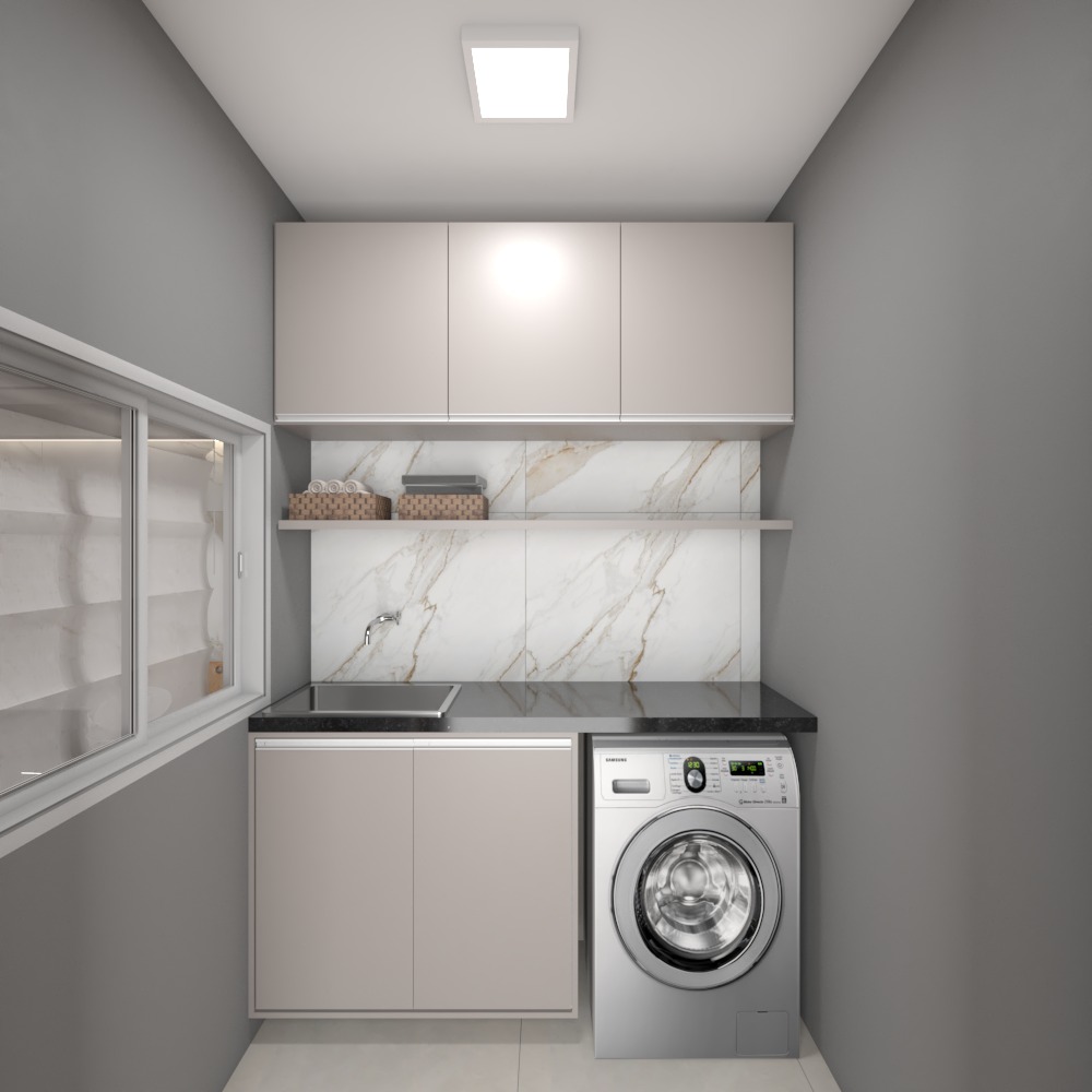 Renderização 3D de interiores — área de cozinha e lavanderia integradas com bancada em quartzo