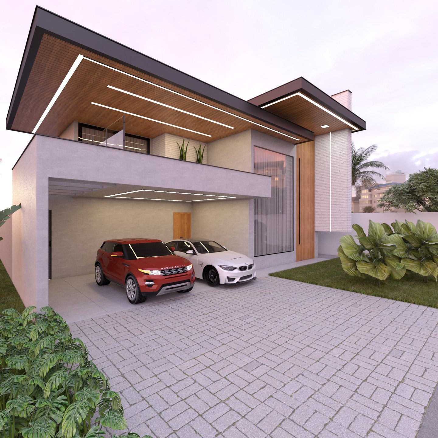 Renderização 3D de exteriores — fachada residencial com garagem coberta e iluminação embutida ao entardecer