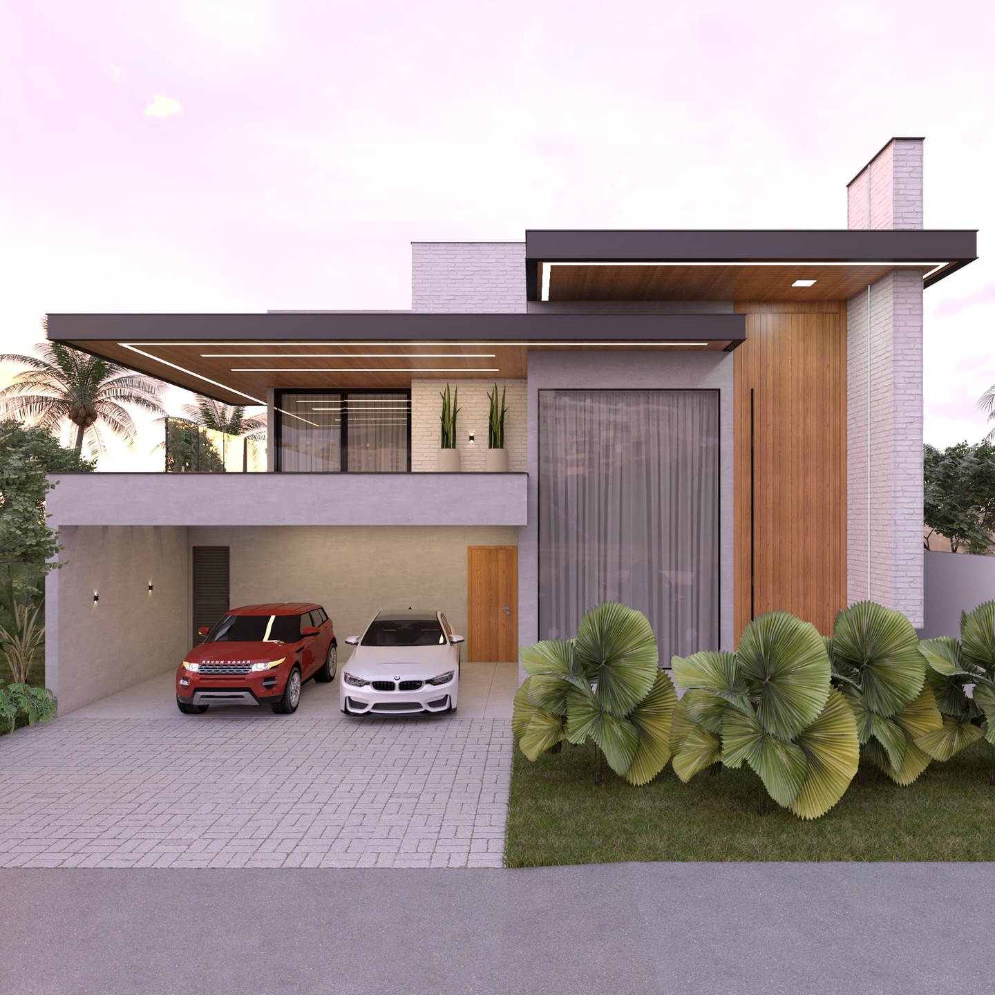 Renderização 3D de exteriores — fachada residencial com brise em madeira e revestimento em tijolo aparente