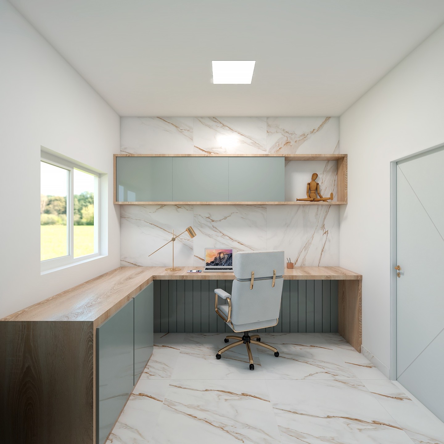 Renderização 3D de interiores — home office com bancada planejada e revestimento em porcelanato marmorizado