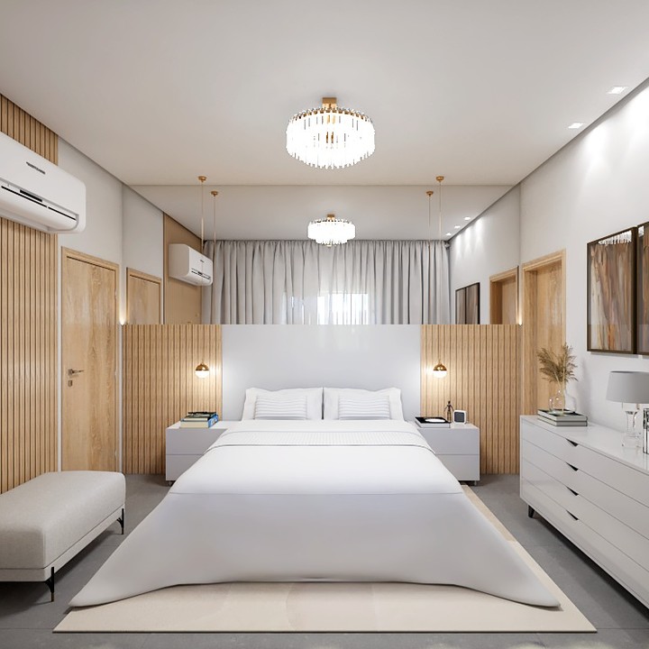 Renderização 3D de interiores — quarto de casal com iluminação indireta e marcenaria planejada