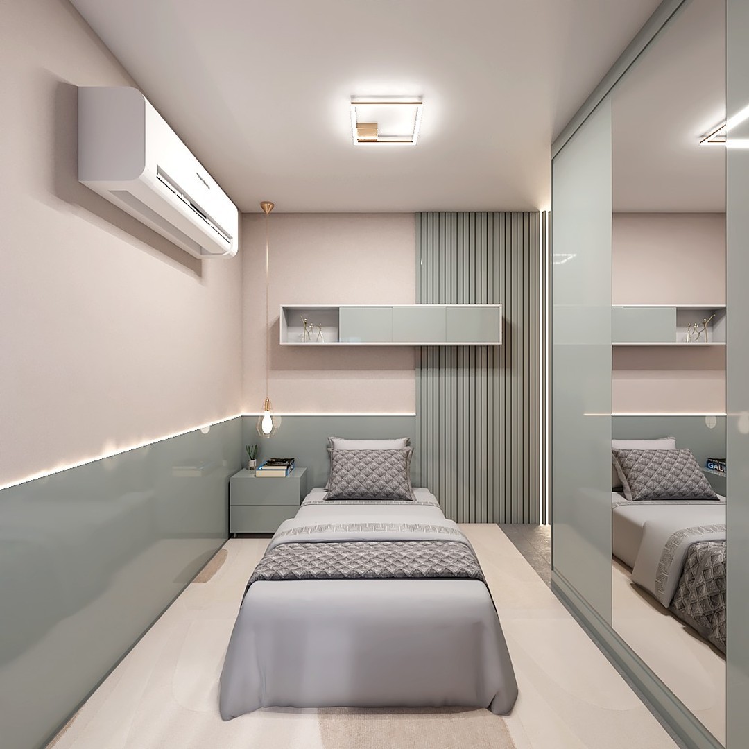 Renderização 3D de interiores — quarto de solteiro com marcenaria em verde-oliva e iluminação indireta