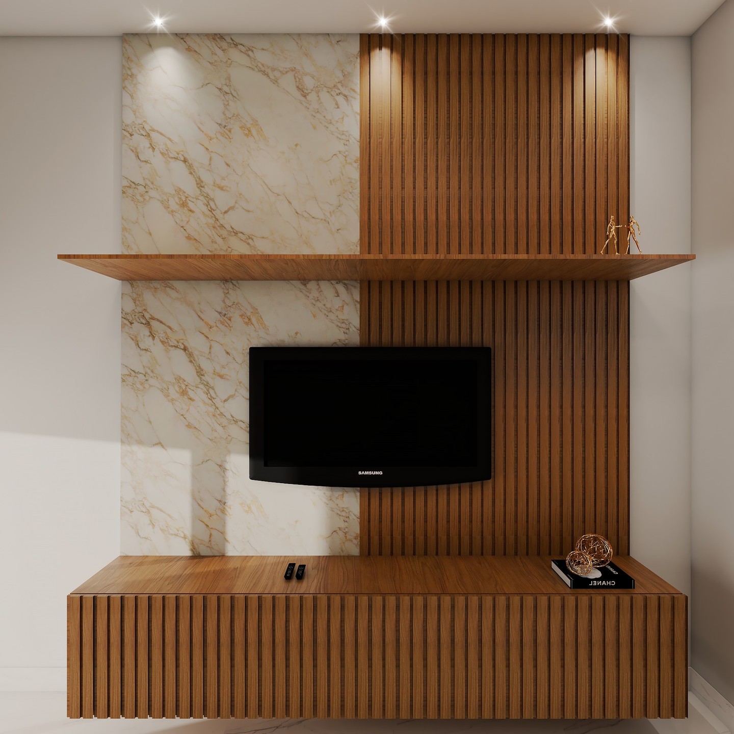 Renderização 3D de interiores — sala de estar com painel de TV em madeira ripada e mármore