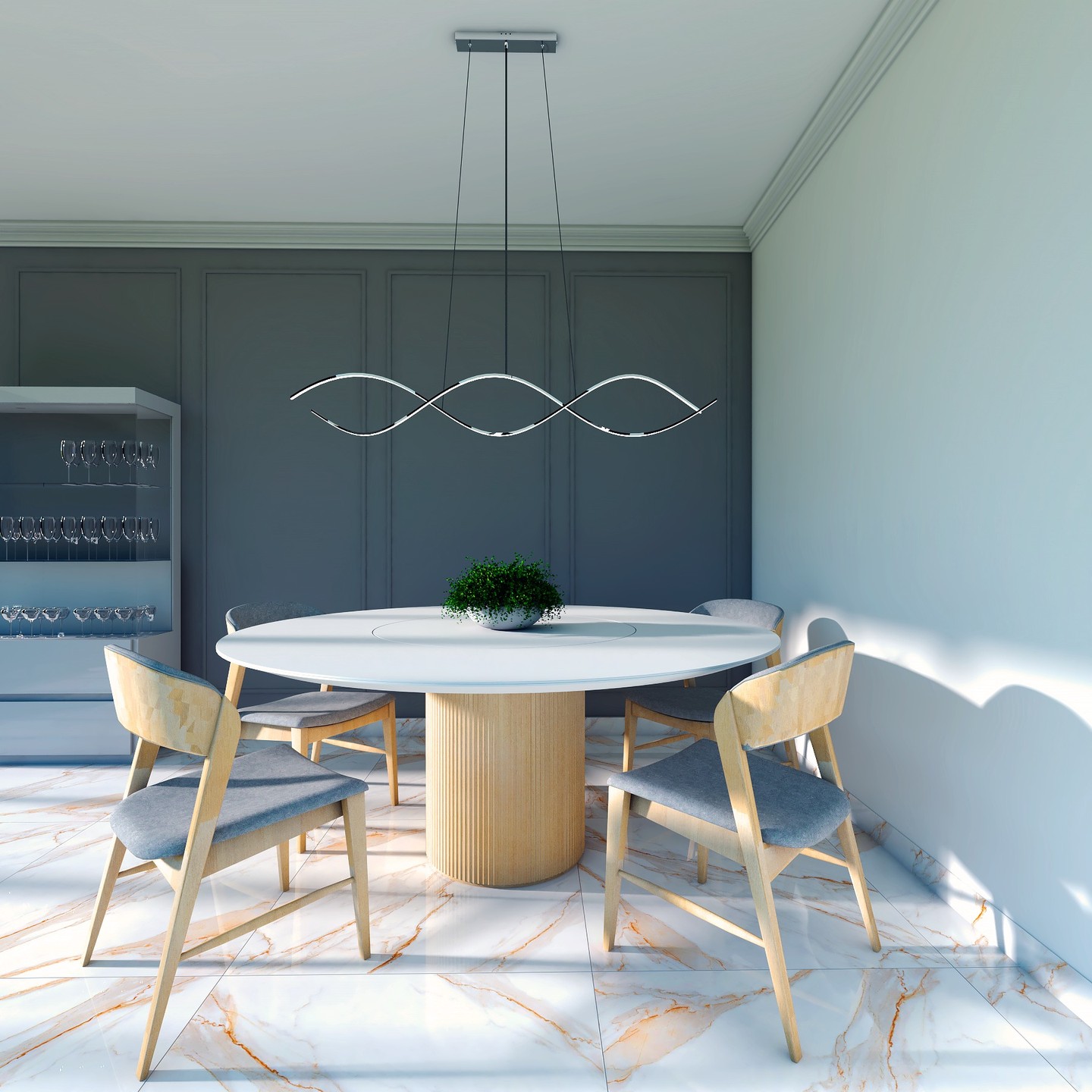 Renderização 3D de interiores — sala de jantar com mesa redonda em mármore e pendente escultural